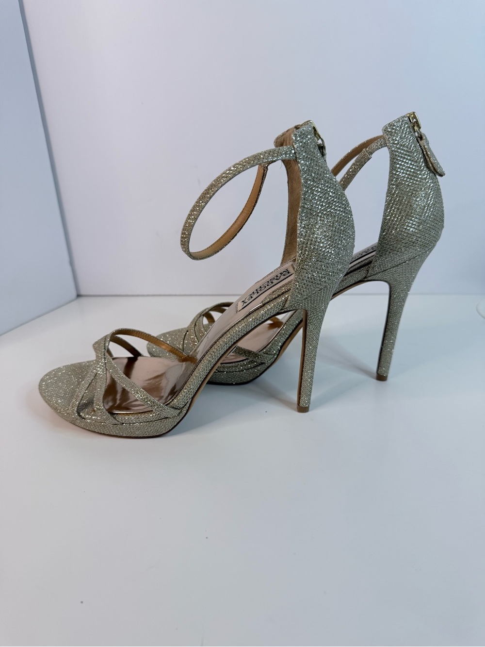 Badgley Mischka Metallic Silver Glitter Strappy  High Heel Sandals9.5